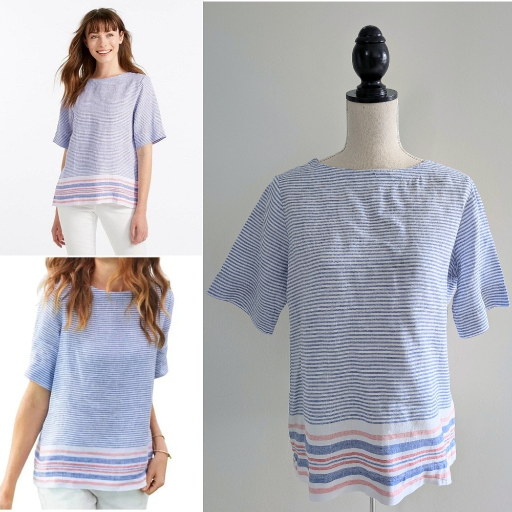 LL Bean Linen Striped Short Sleeve Blouse Sz S
